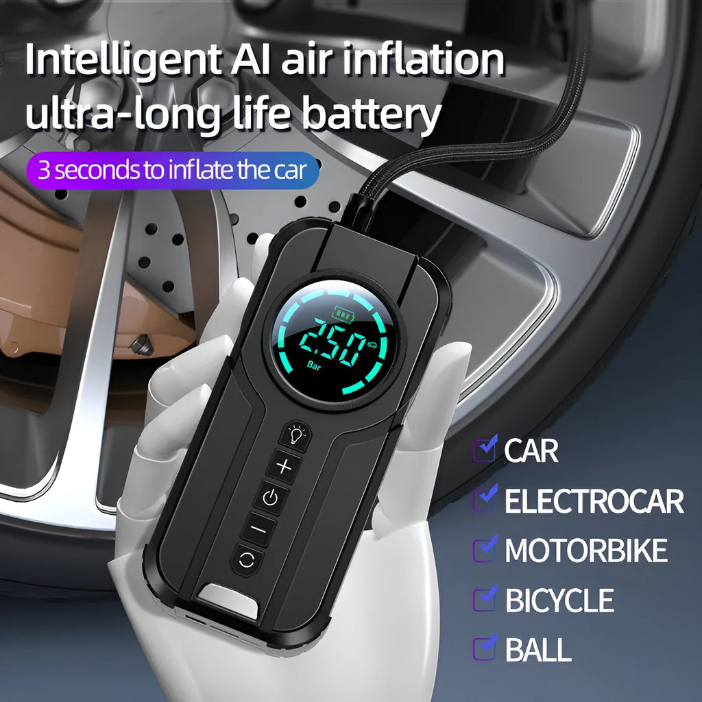 Wireless portable car air pump with LCD display, 6000mAh battery, and multiple nozzle attachments