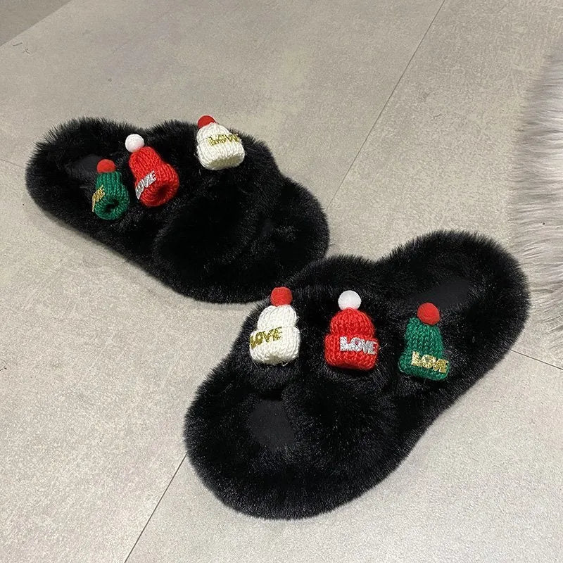 Women's Christmas hat decorated hairy faux plush slippers with rubber sole.