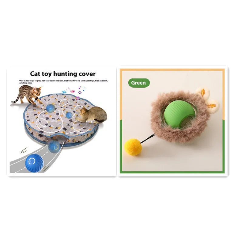Silicone rolling ball cat toy in red, green, or grey colour options for independent feline play