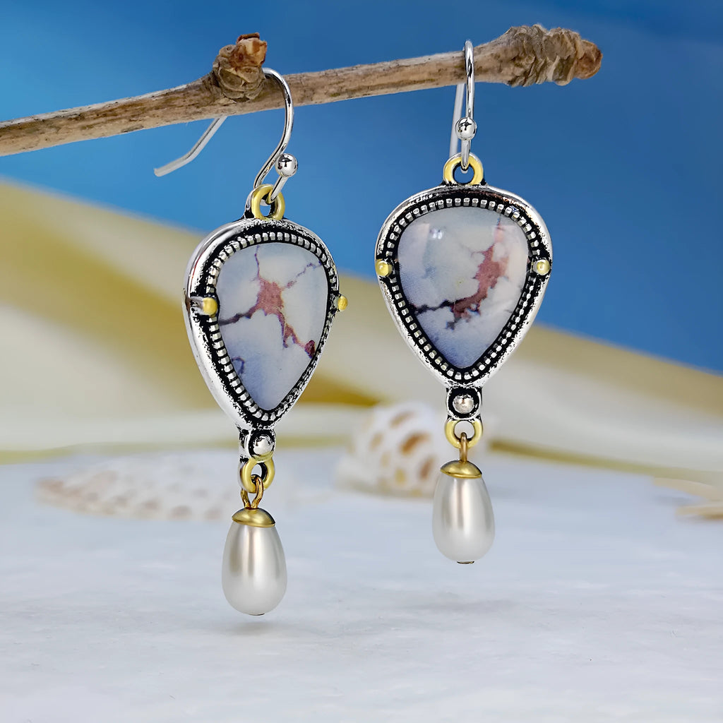 Bohemian geometric drop earrings with synthetic blue opal and white pearls on retro blue electroplated metal