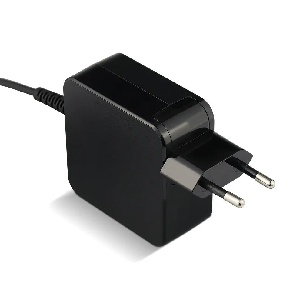 Black Hua 45W laptop adapter with American plug showing EU/US compatibility labels