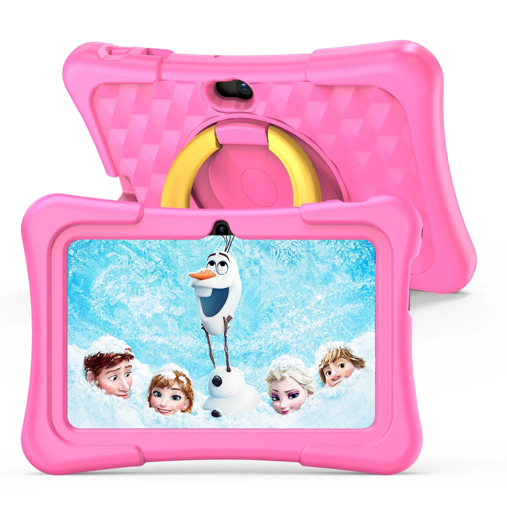 7-inch pink children's educational tablet with silicone protective cover and rotation handle bracket