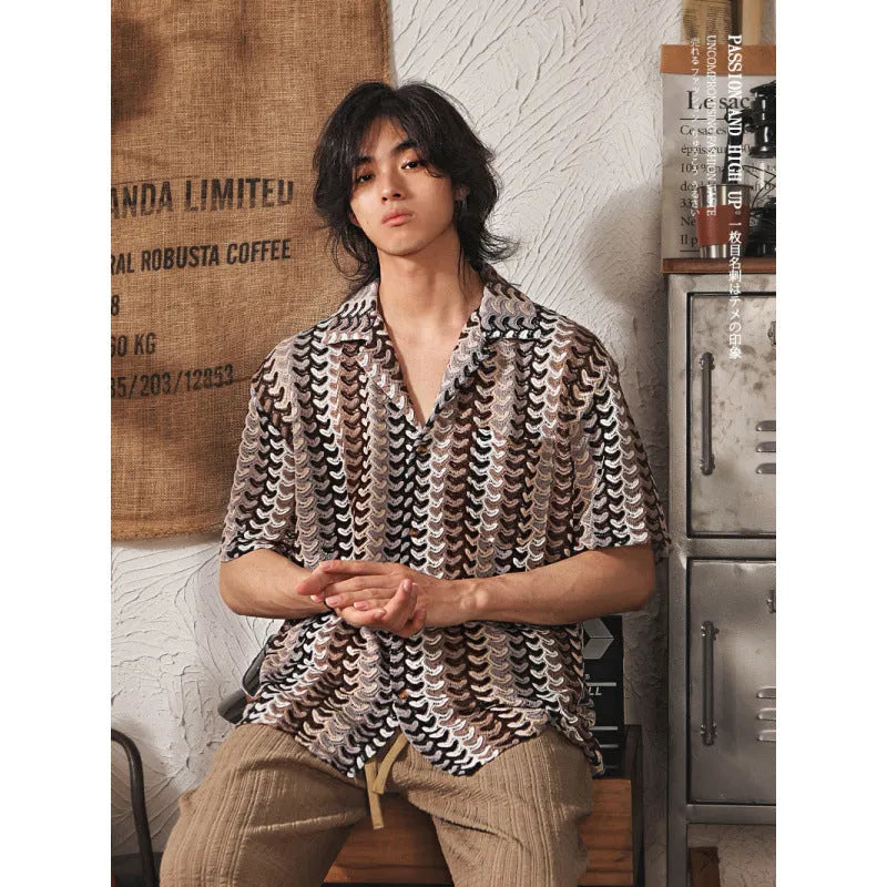 Grey Japanese-style men's short sleeve shirt with Cuban collar and textured jacquard fabric, slim fit for plus size.