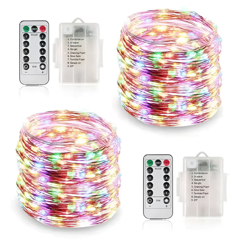 12 metre copper wire LED string light with battery box and multiple colour options for garden patio decoration