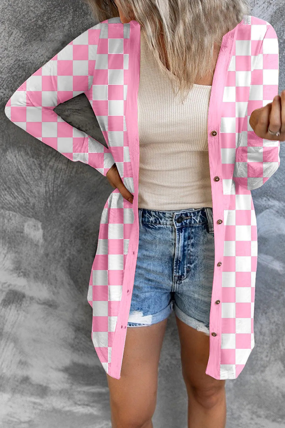 Women's long grey plaid knitted cardigan with contrast colour pattern and regular sleeves