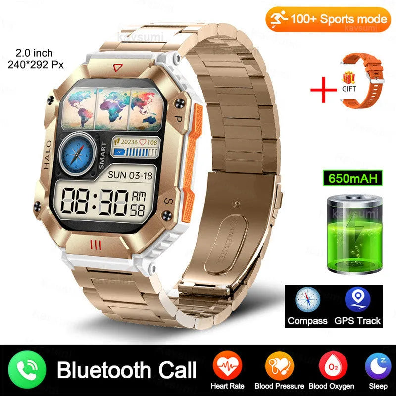 Android smart watch with titanium case on wrist, showing black camouflage strap option and display.