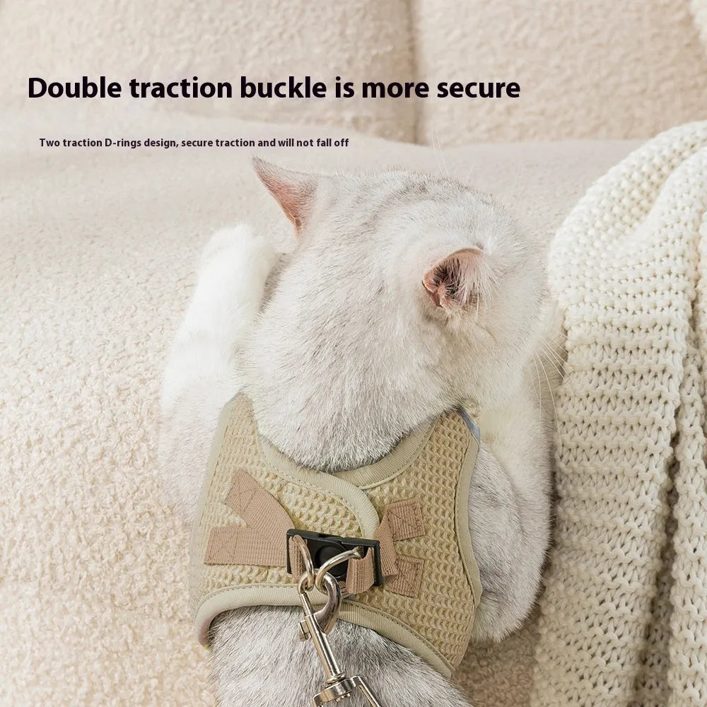 Brown waffle pattern cloth cat harness with integrated hand holding rope on chest strap