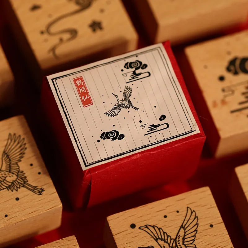 Mr. Paper Huahegui series wooden handle and rubber stamp seal kit for DIY paper crafting.
