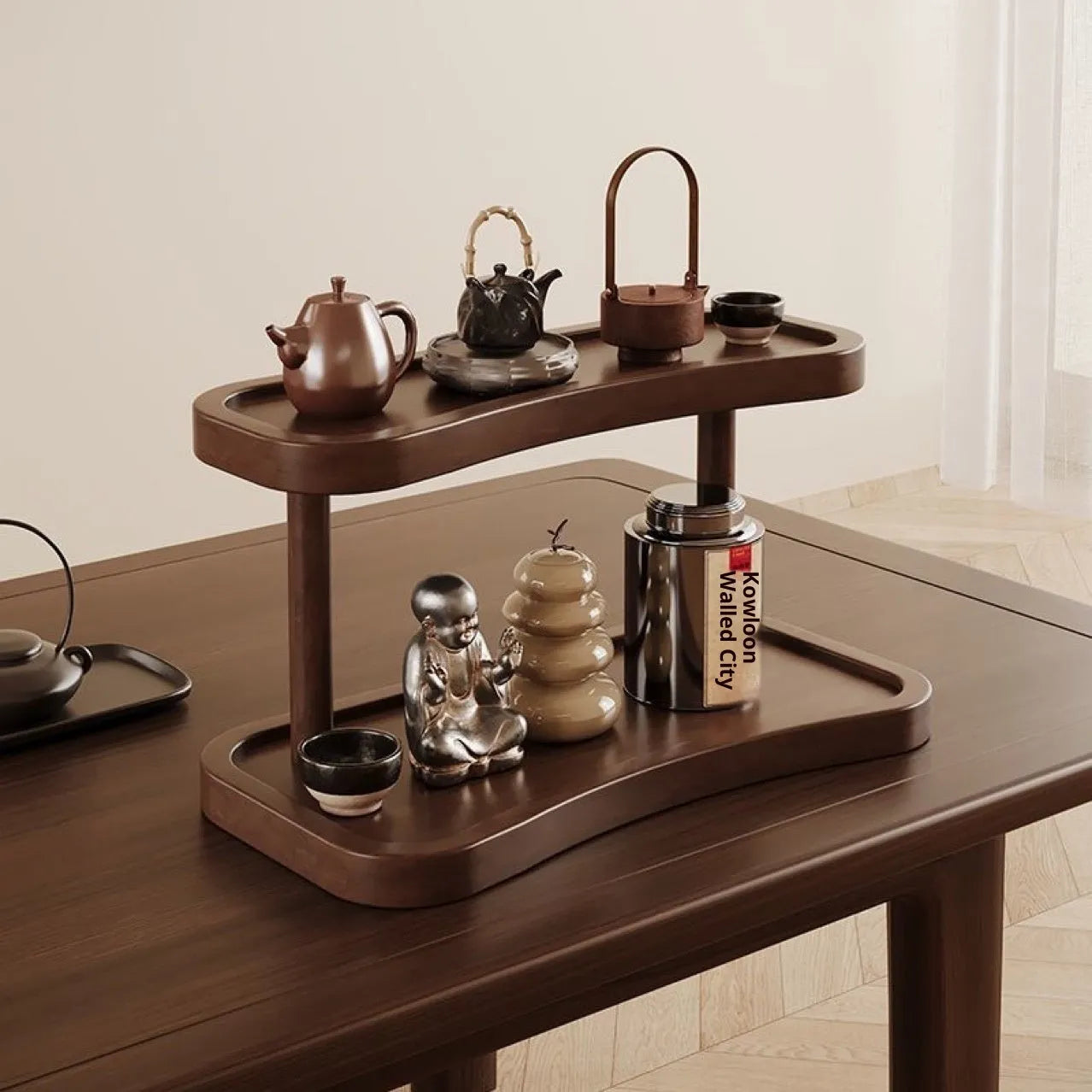 Full bamboo two-layer cup storage rack on a table top with cups organised