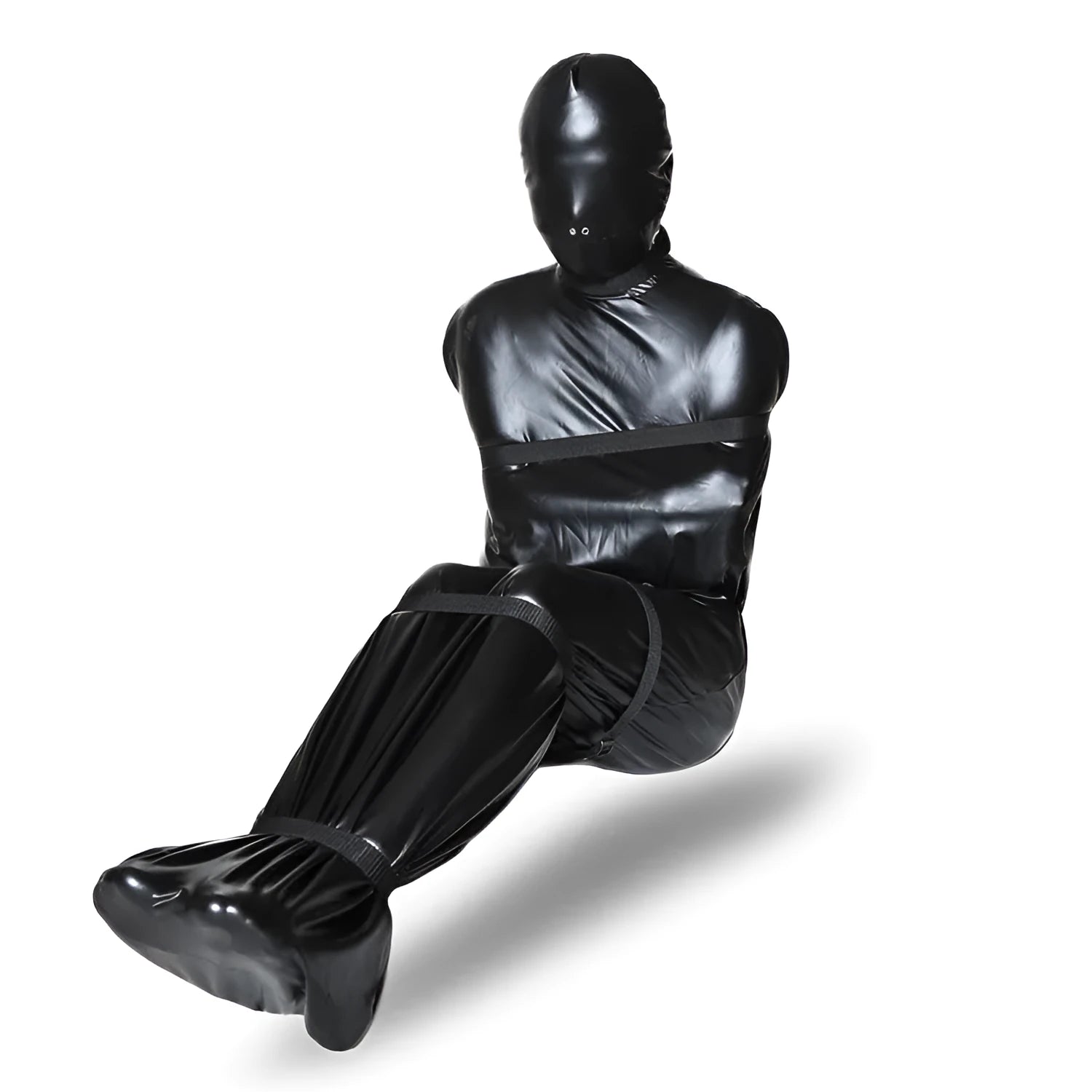 Black patent leather bondage restraint set showing full harness and six ratchet tie-down straps