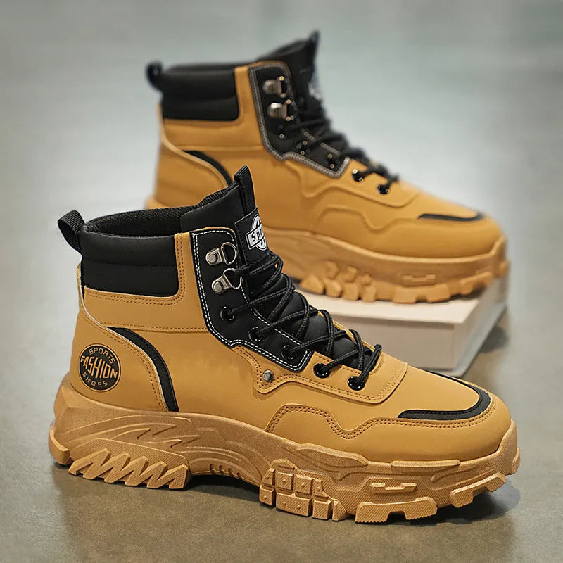 Men's black and yellow Martin boots with high-top design and injection-moulded soles