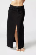 Retro slim-fit denim maxi skirt for women in cotton denim, blue colour, mid-rise waist