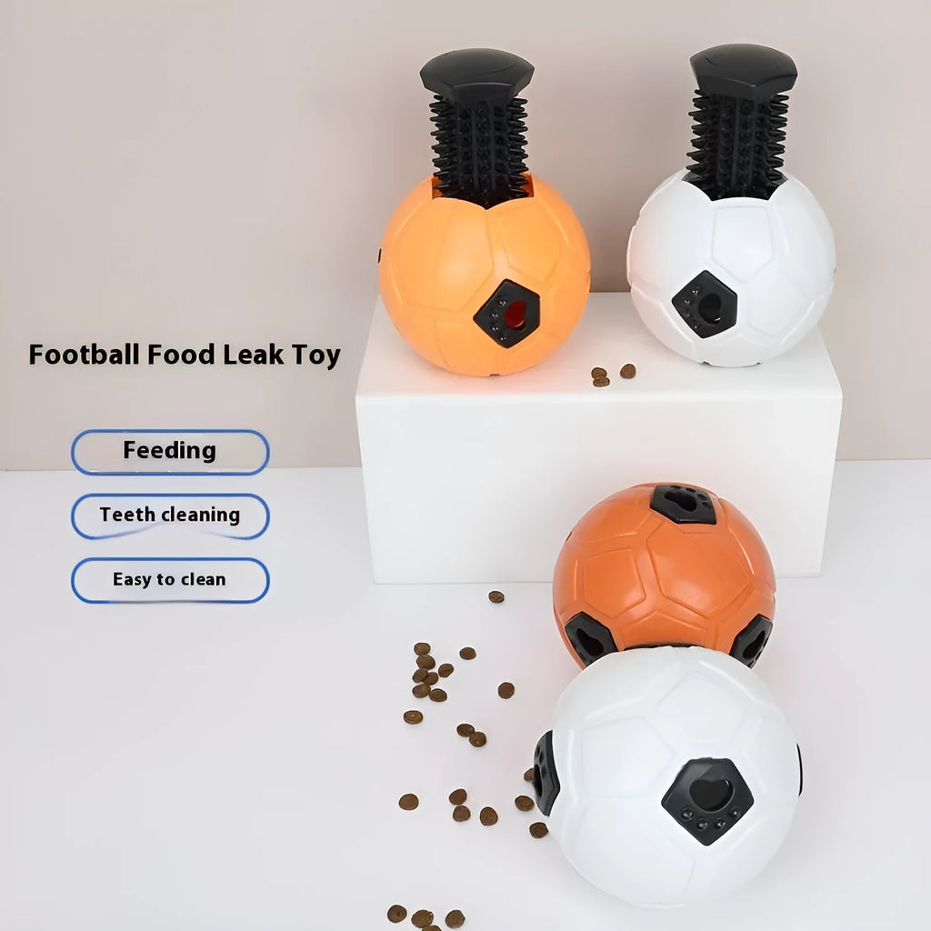 TPR dog chew toy ball in orange and white colours showing hollow style and teeth cleaning rod variations