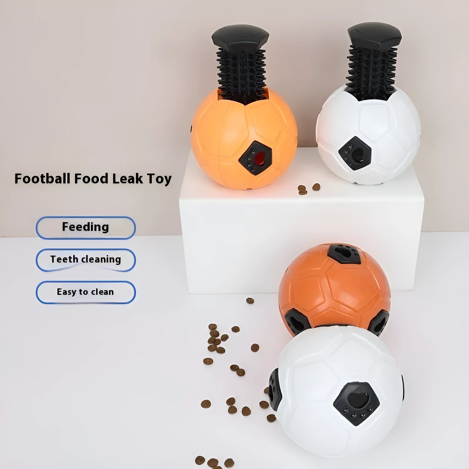 TPR dog chew toy ball in orange and white colours showing hollow style and teeth cleaning rod variations