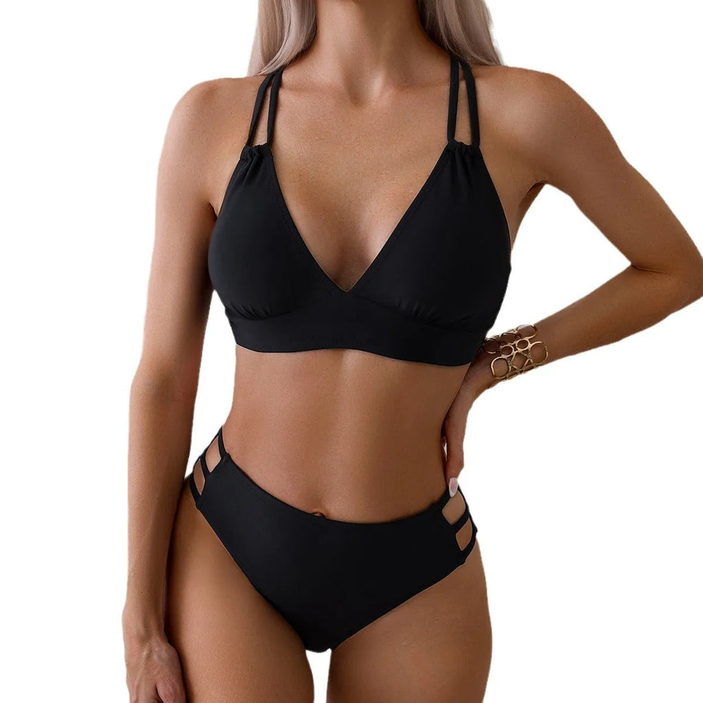 Women's v-neck halter bikini swimsuit in nylon fabric on a model.