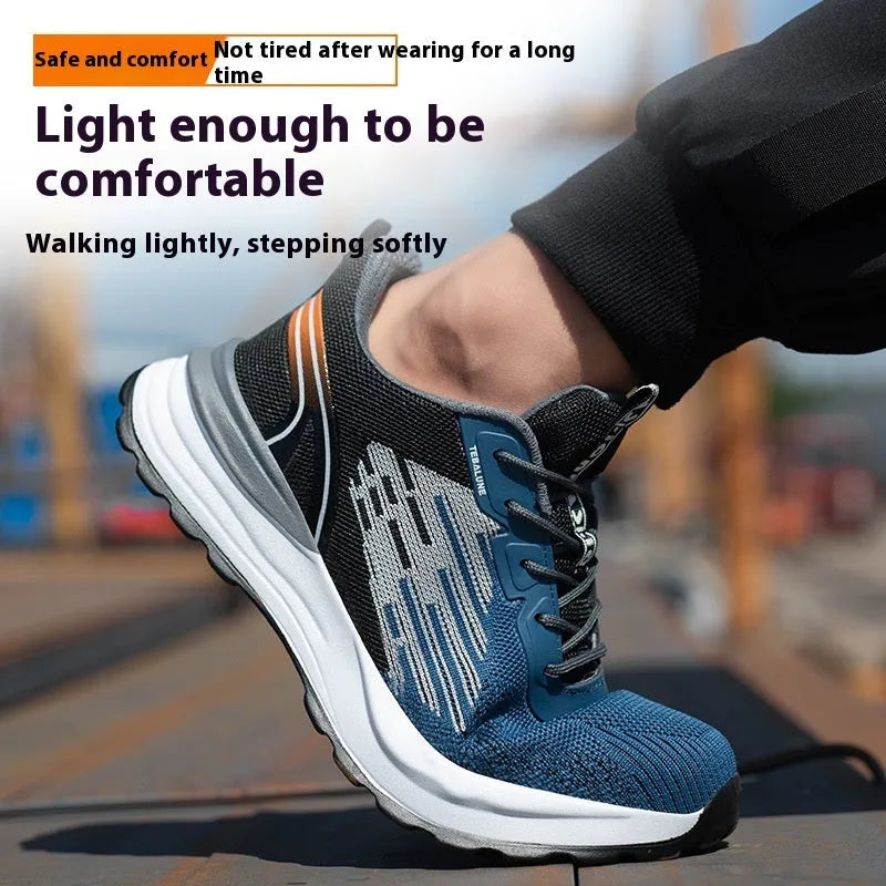 Blue men's safety work shoes with plastic toe cap and breathable mesh upper