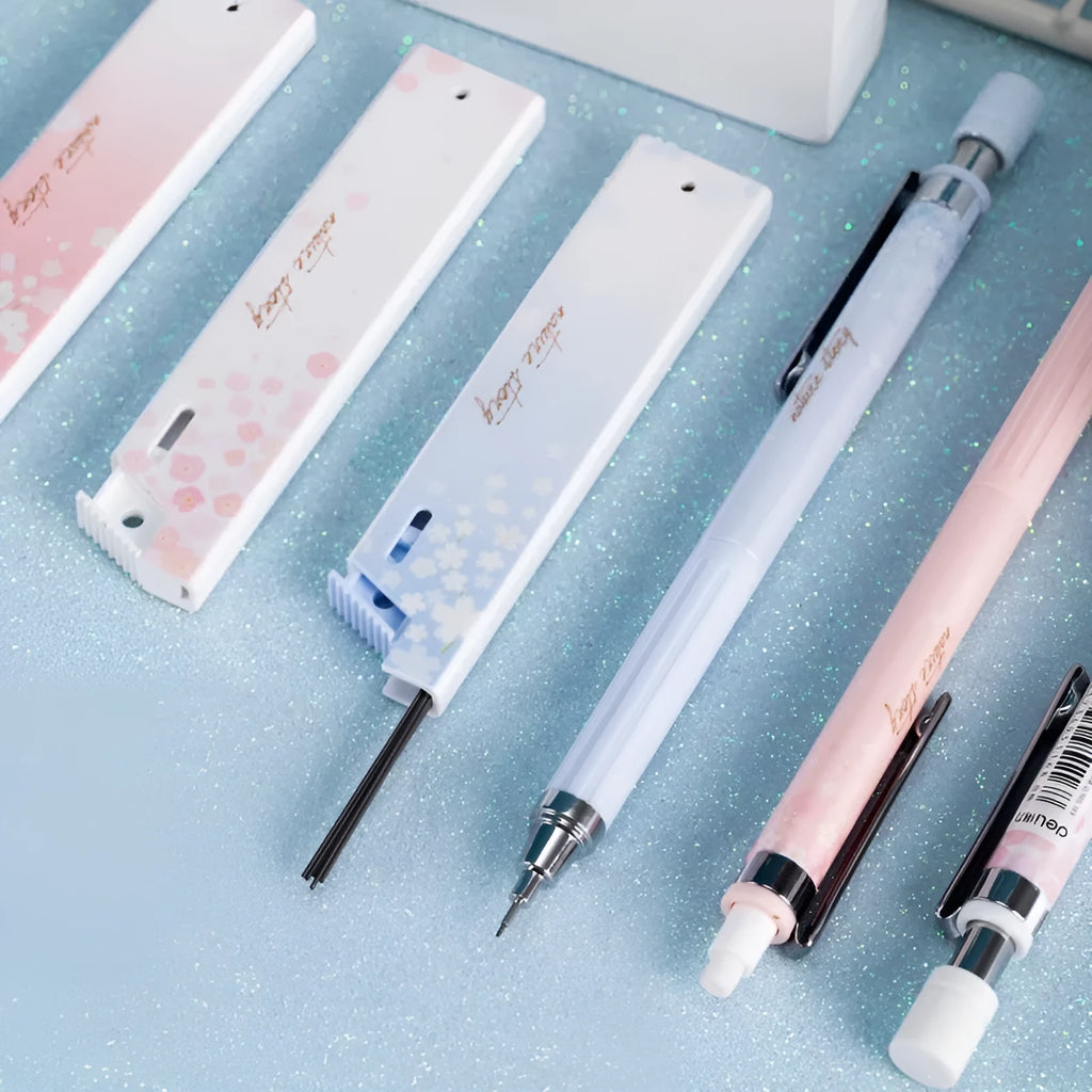 Three automatic pencils with cartoon Sakura law design and HB refill boxes