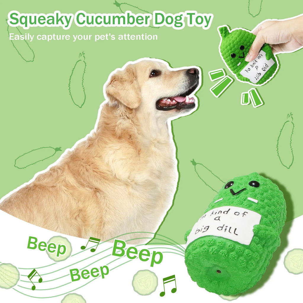 Green pickle-shaped squeaky dog toy with textured surface for dental cleaning during chewing