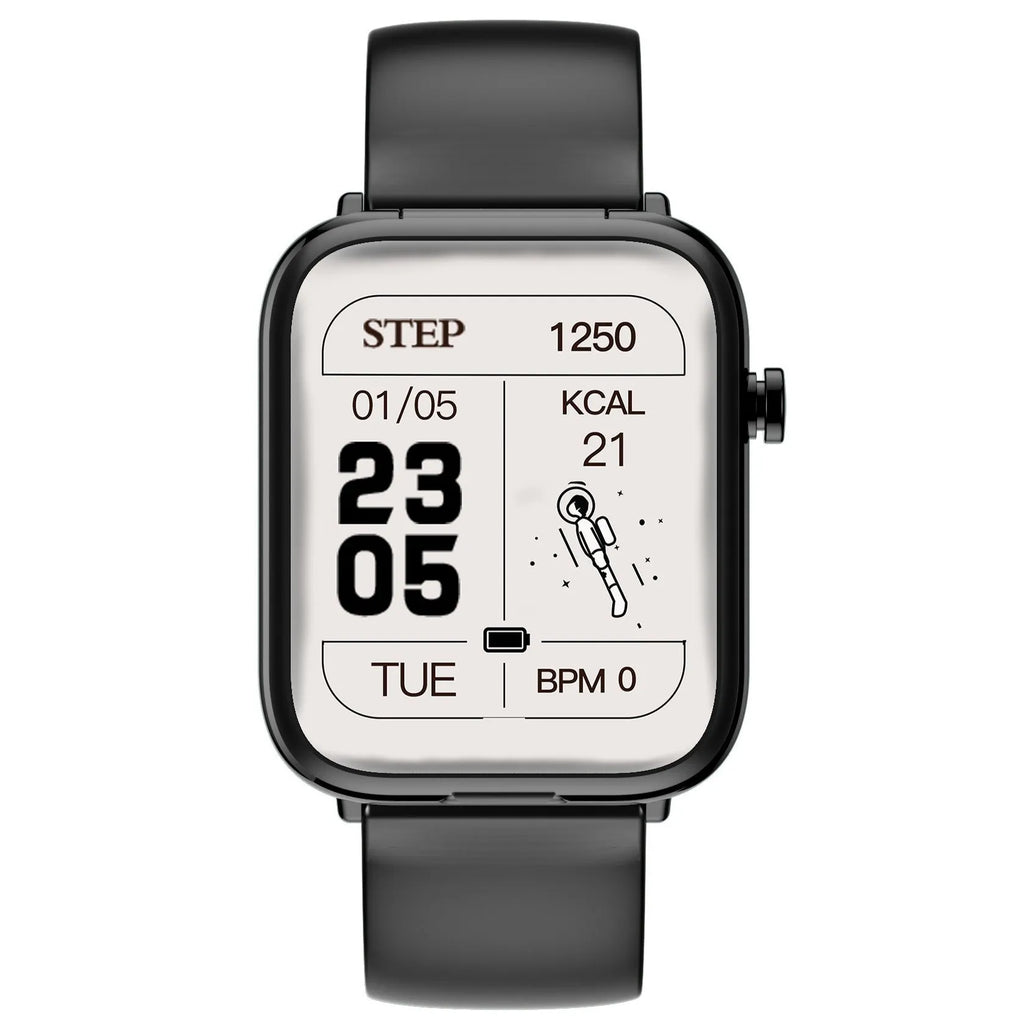Black all-touch smartwatch with zinc alloy body and integrated Bluetooth earpieces on a wrist
