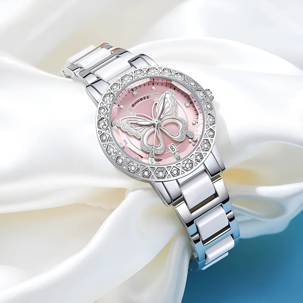 Butterfly diamond-encrusted women's watch with calendar and steel strap, 10mm thickness, available in white pink and purple face colours