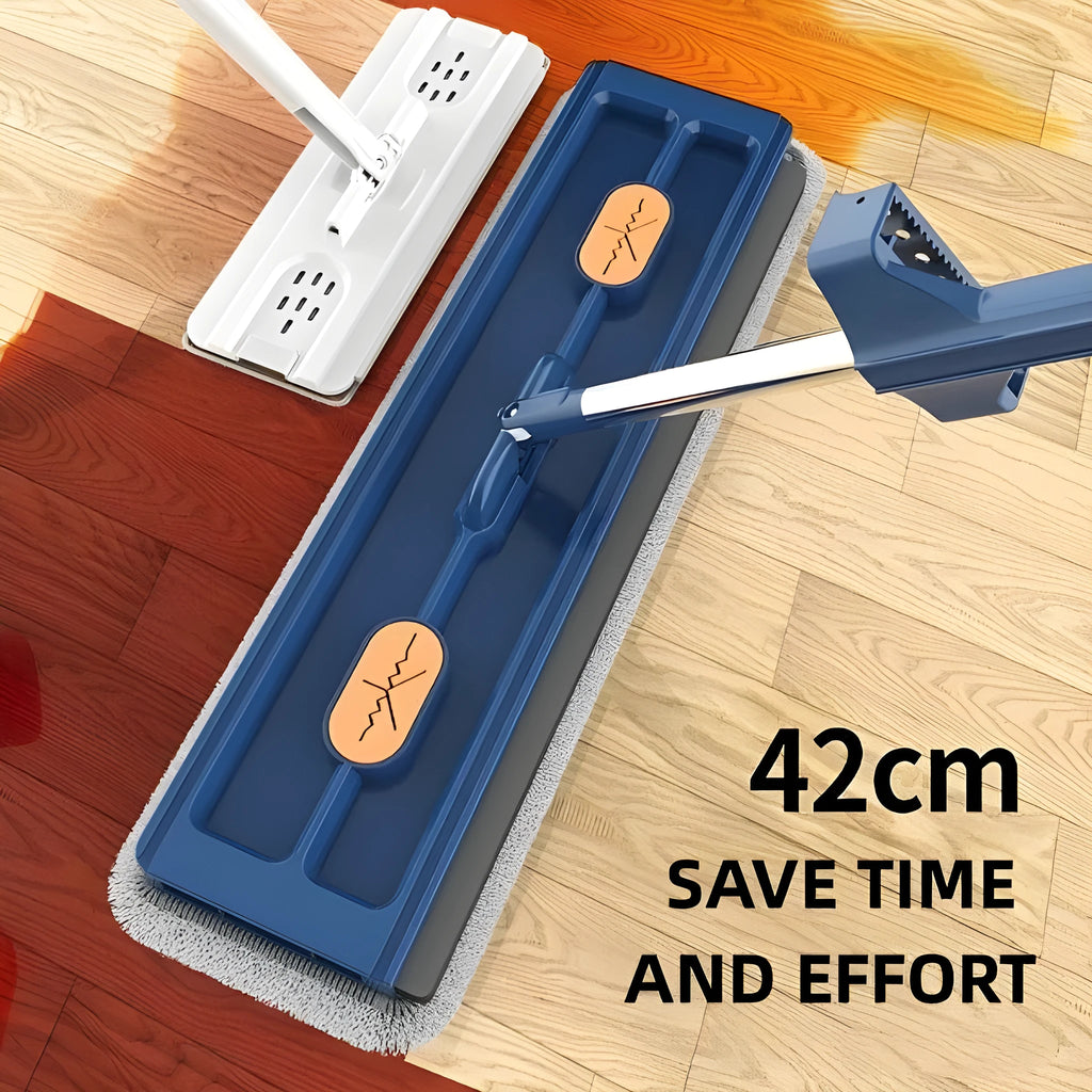 Large flat mop with blue cloth and long stainless steel handle showing 360-degree rotating head.
