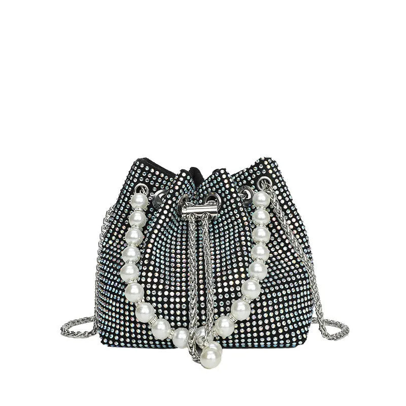 Soft PU leather crossbody bag with diamond embellishments and chain strap in bucket shape