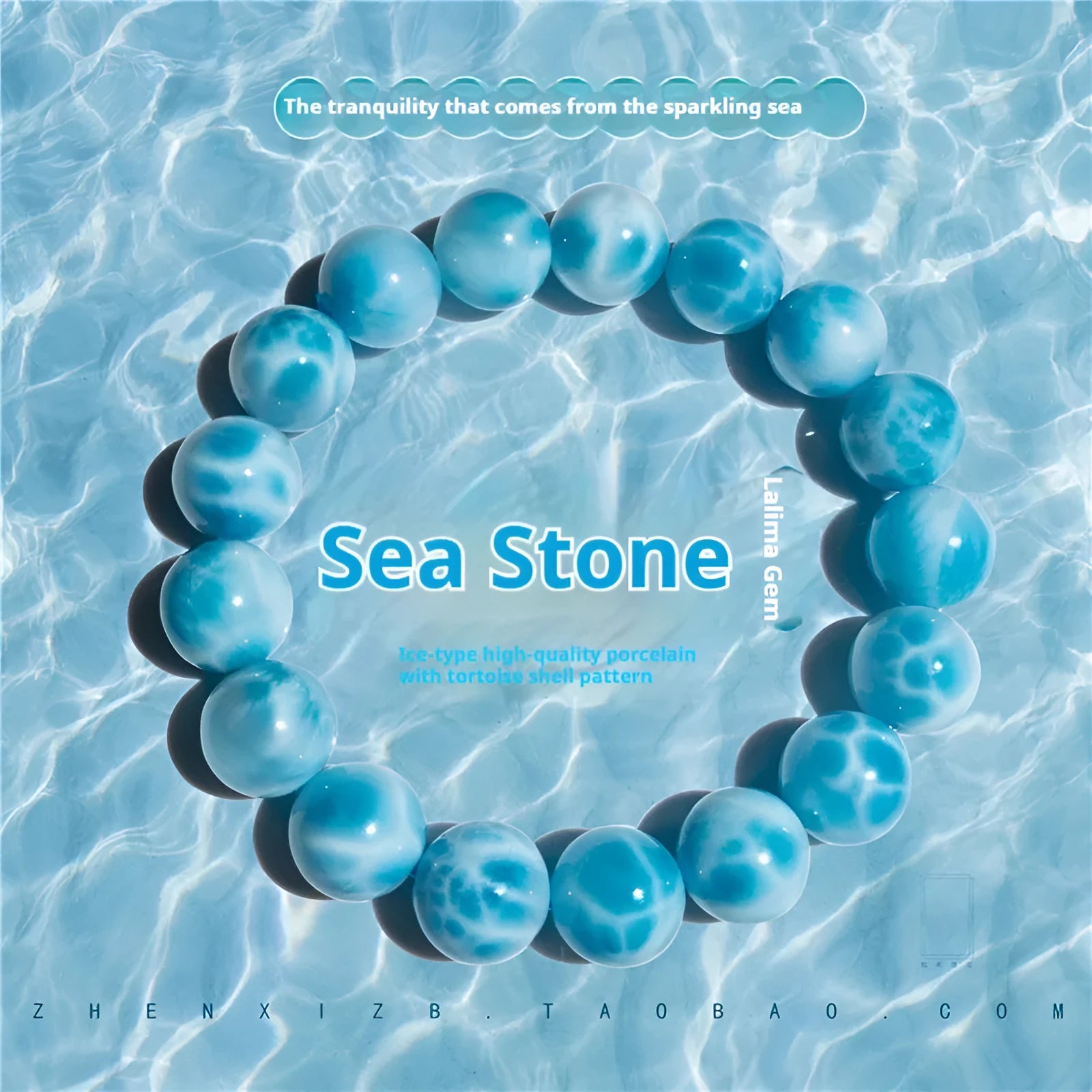 Blue Maillard-style bracelet with bodhi beads, natural crystal stone, and pearl accents on a wrist.