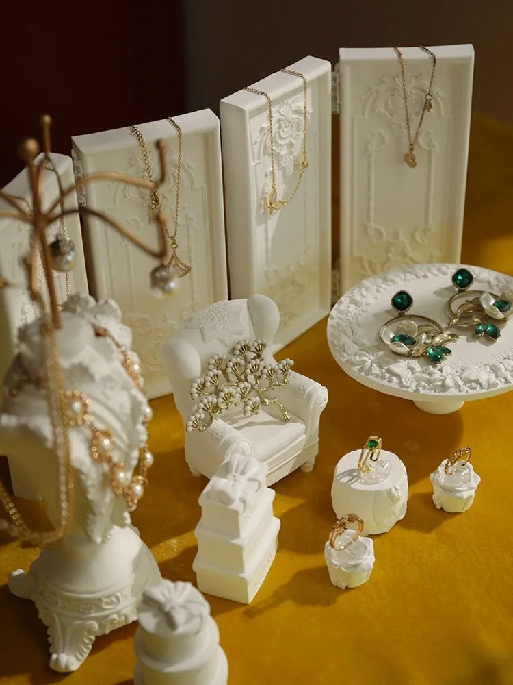 White plaster gypsum jewelry display stand with three layers and retro shape for necklace photography