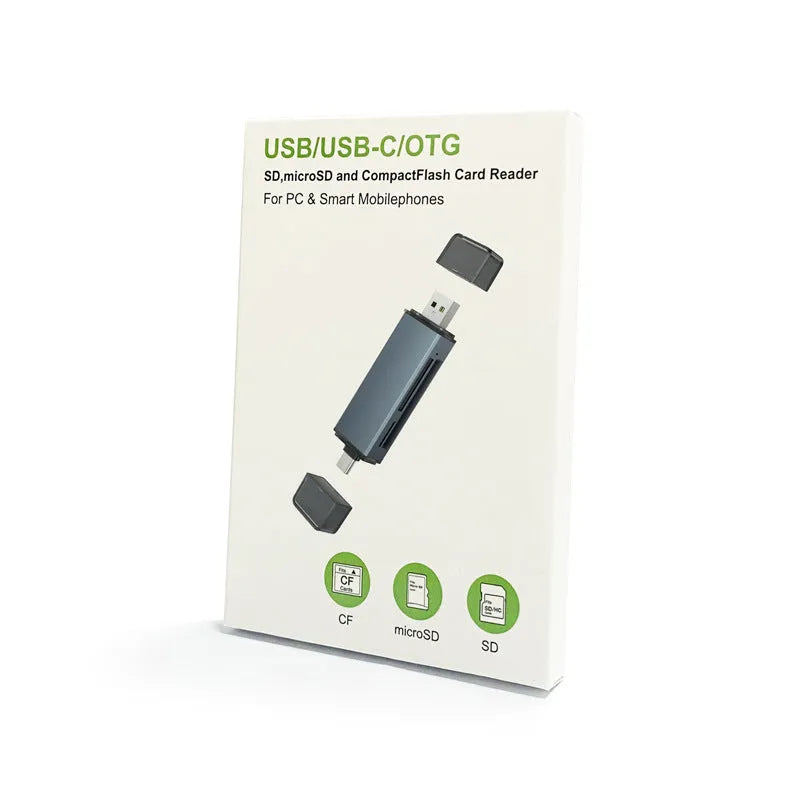 Silver aluminium alloy CF SD TF three-in-one USB card reader with USB Type-C adapter.