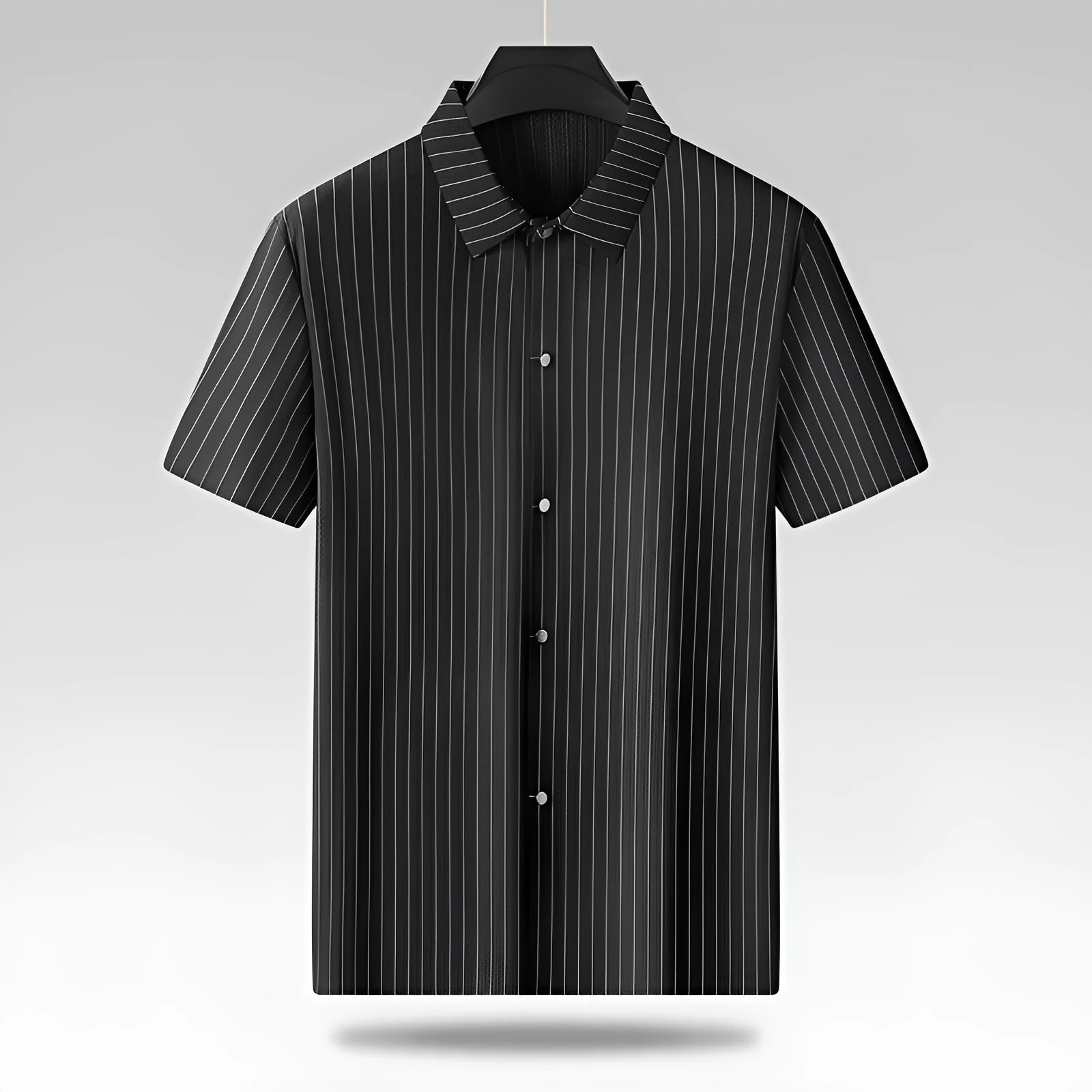 Plus size man wearing black striped casual shirt with square collar and loose fit design