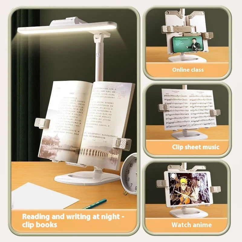 A white adjustable table lamp with a bookshelf design, shown on a desk, highlighting its dual-power and colour temperature features.