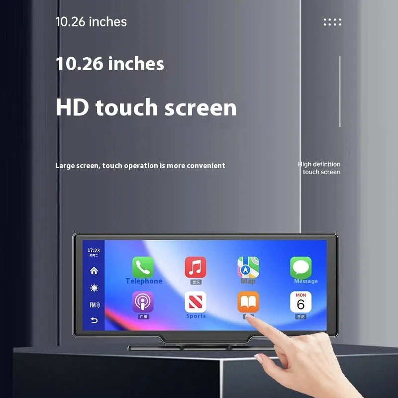 10-inch car smart screen with CarPlay and driving recorder functions on dashboard