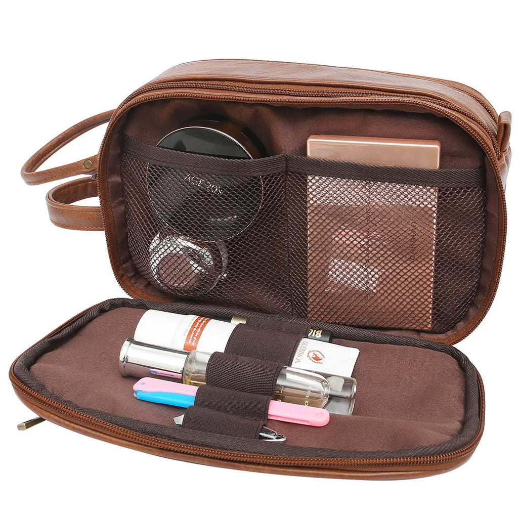 Men's black and brown solid colour PU toiletry bag with a zipped closure
