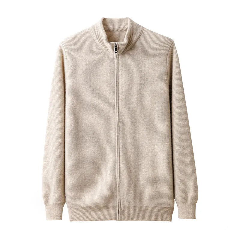 Men's cashmere zip front round neck cardigan sweater in camel colour