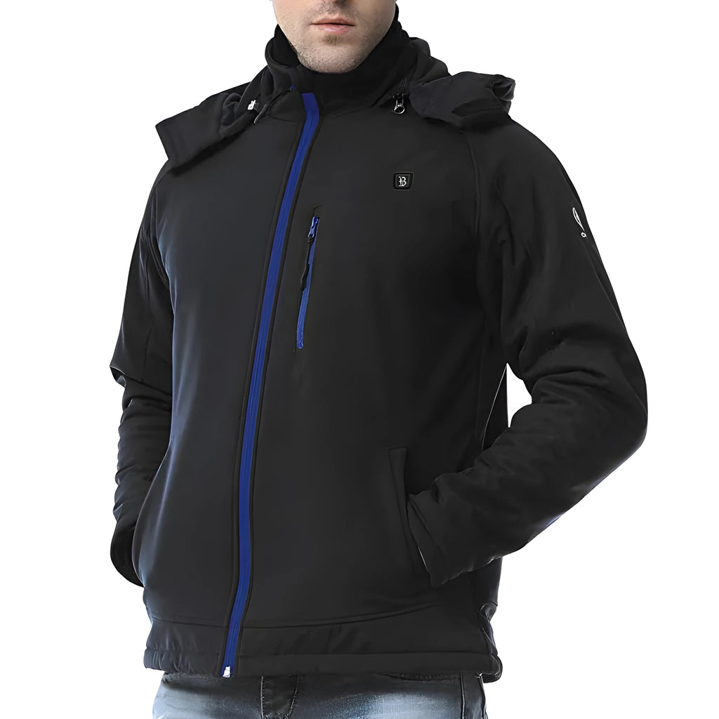 Black men's waterproof thermal winter coat with long sleeves and straight hem design