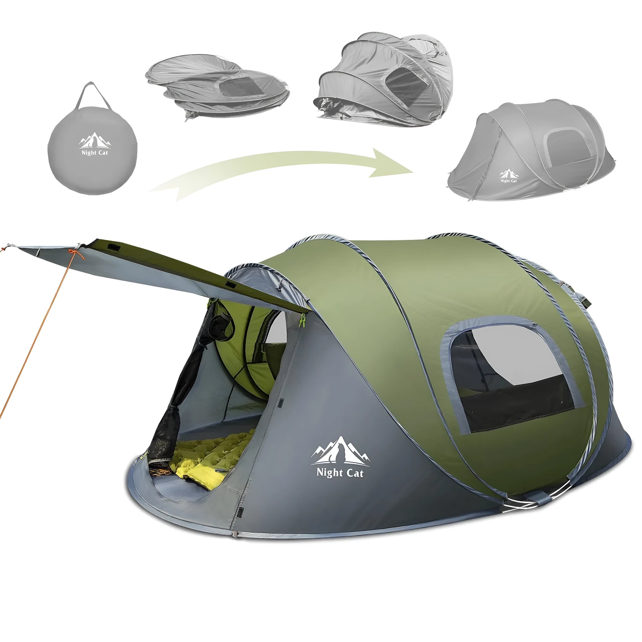 Dark green automatic pop up camping tent pitched outdoors showing waterproof rainfly and compact 2 person size