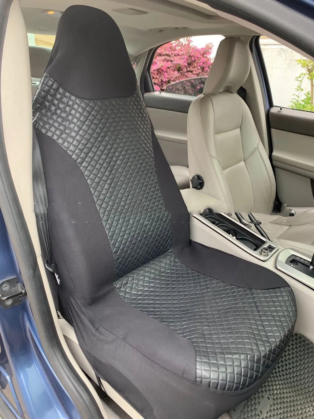Black quilted automotive seat cover with PU and polyester construction for car seat protection