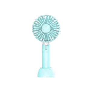 Blue handheld USB mini fan with three-speed buttons and oscillation function on a desk.