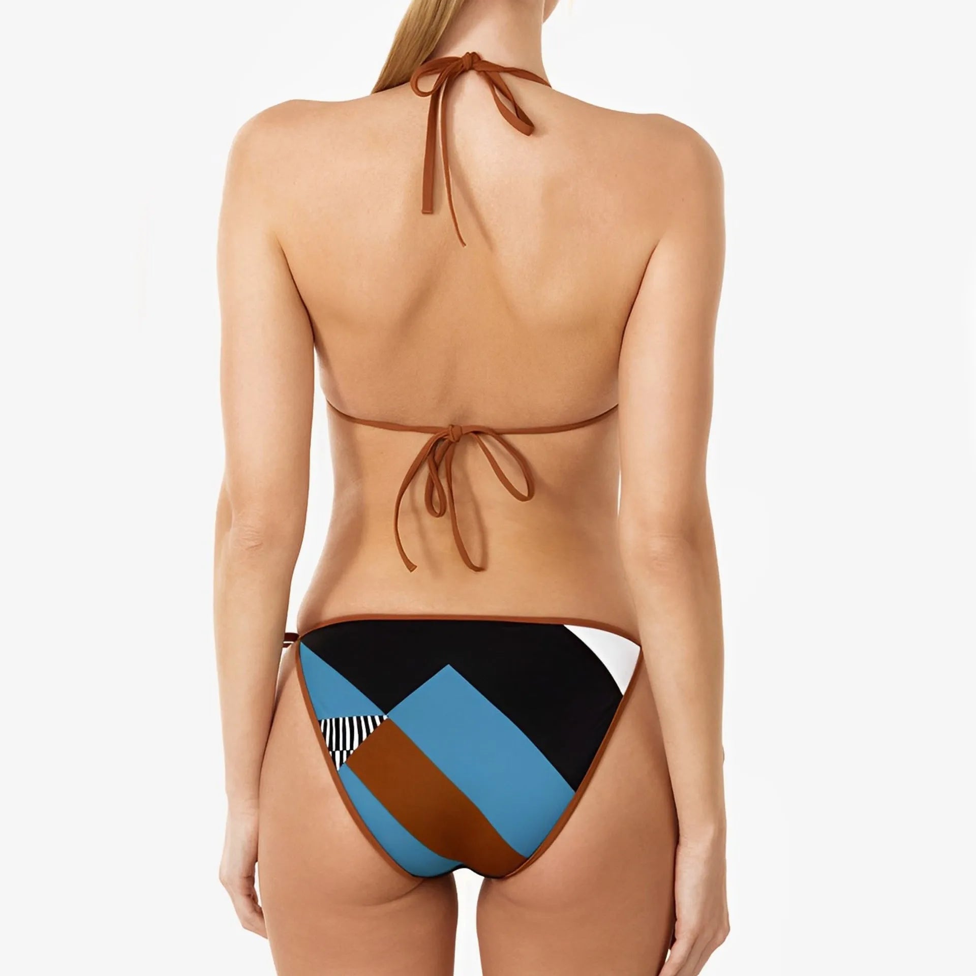 Women's skinny print split swimsuit bikini in polyester, backless and sleeveless design.
