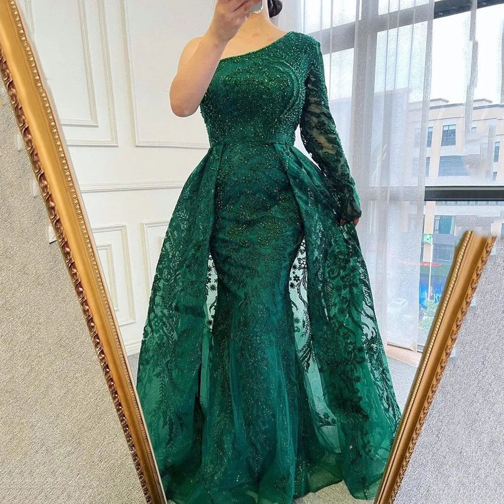 Women's slim-fit fishtail mesh shoulder long-sleeved dress with front zip, available in green