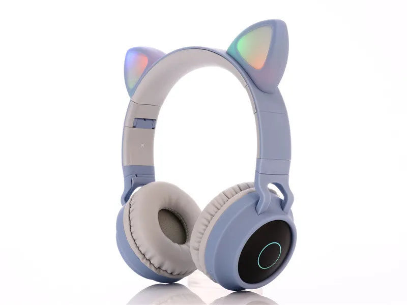 Cartoon style wireless Bluetooth headset with cat ears on headband, shown in multiple colour options.