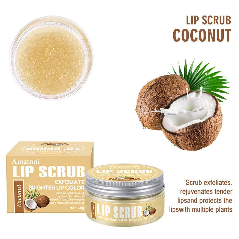 Amatoni fruit flavour lip scrub cream in 30g tube with coconut raspberry vanilla watermelon options