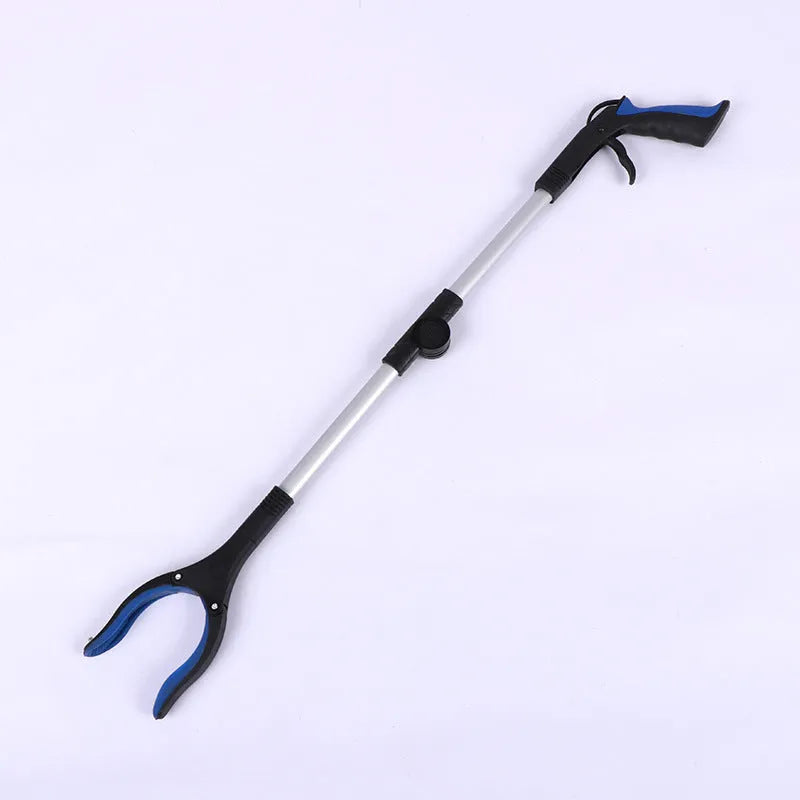 Folding silver aluminium garbage clamp with blue handle extended to 80cm length
