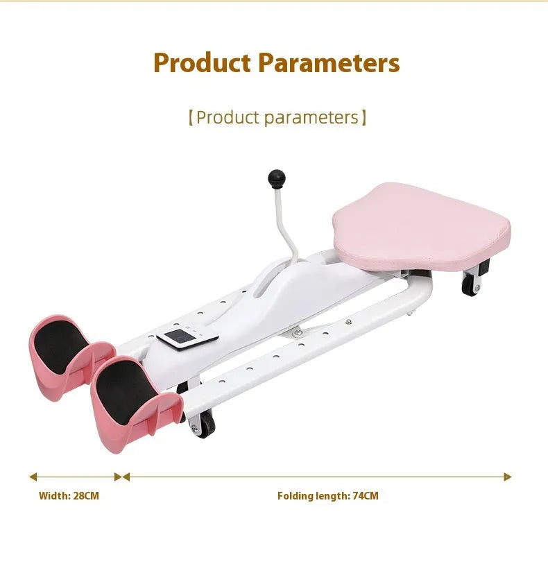 Adjustable horse leg stretcher with steel frame for hip opening exercises in pink colour