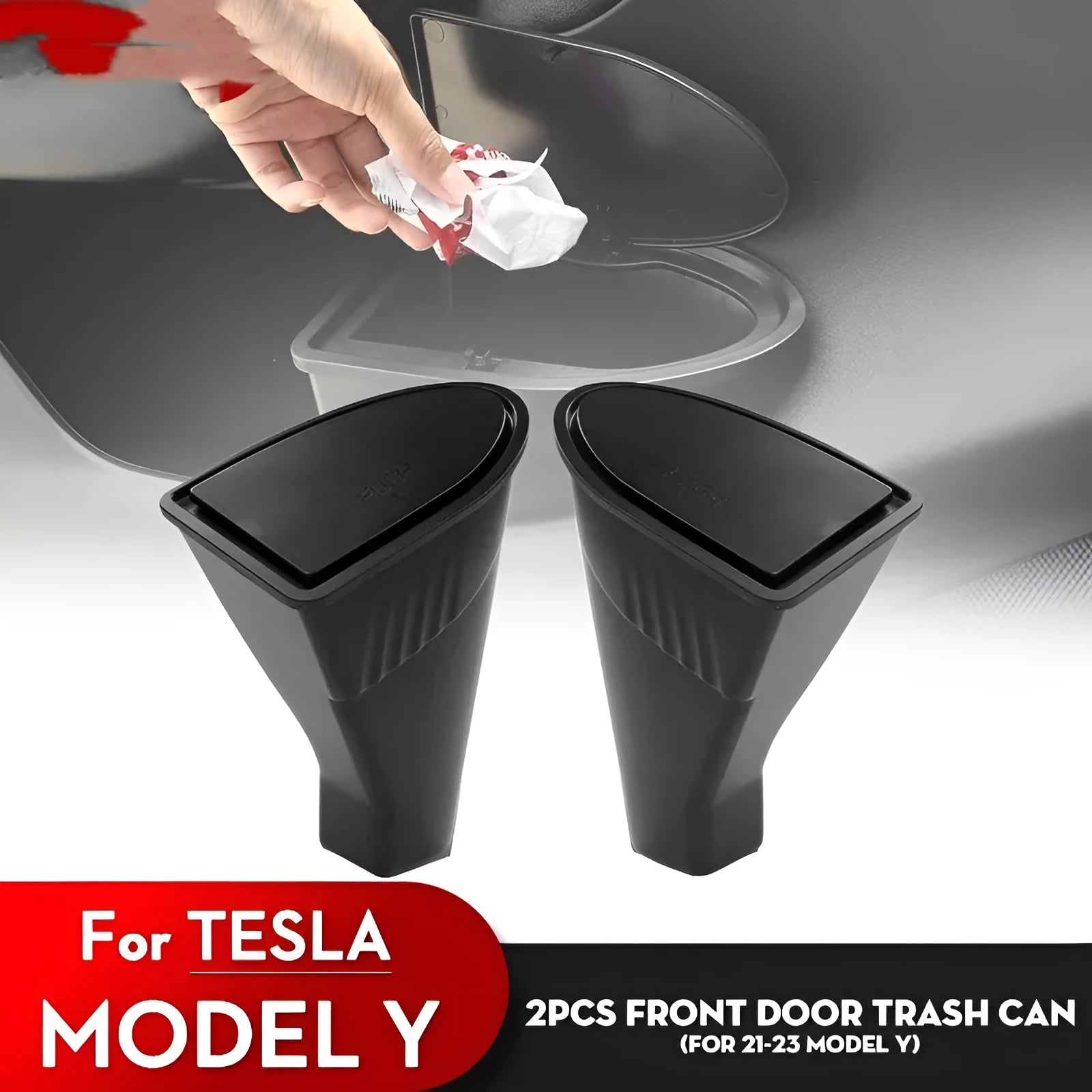 Two black ABS plastic car door trash cans designed for the front door pockets of a Tesla Model Y.