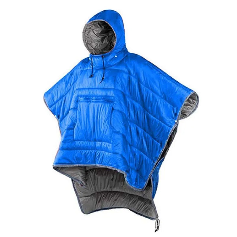 Adult outdoor cloak sleeping bag in Army Green or Gray, shown as wearable cape and laid flat as 200x140cm blanket