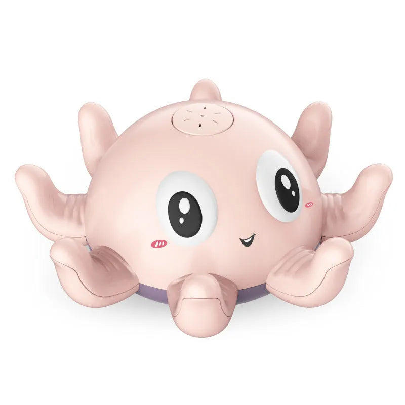 Children's automatic water spray bath toy with flashing lights in blue octopus design on white background