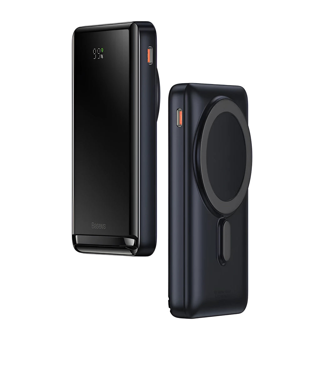 Blue 3-in-1 slim magnetic power bank showing wireless charging surface and compact size