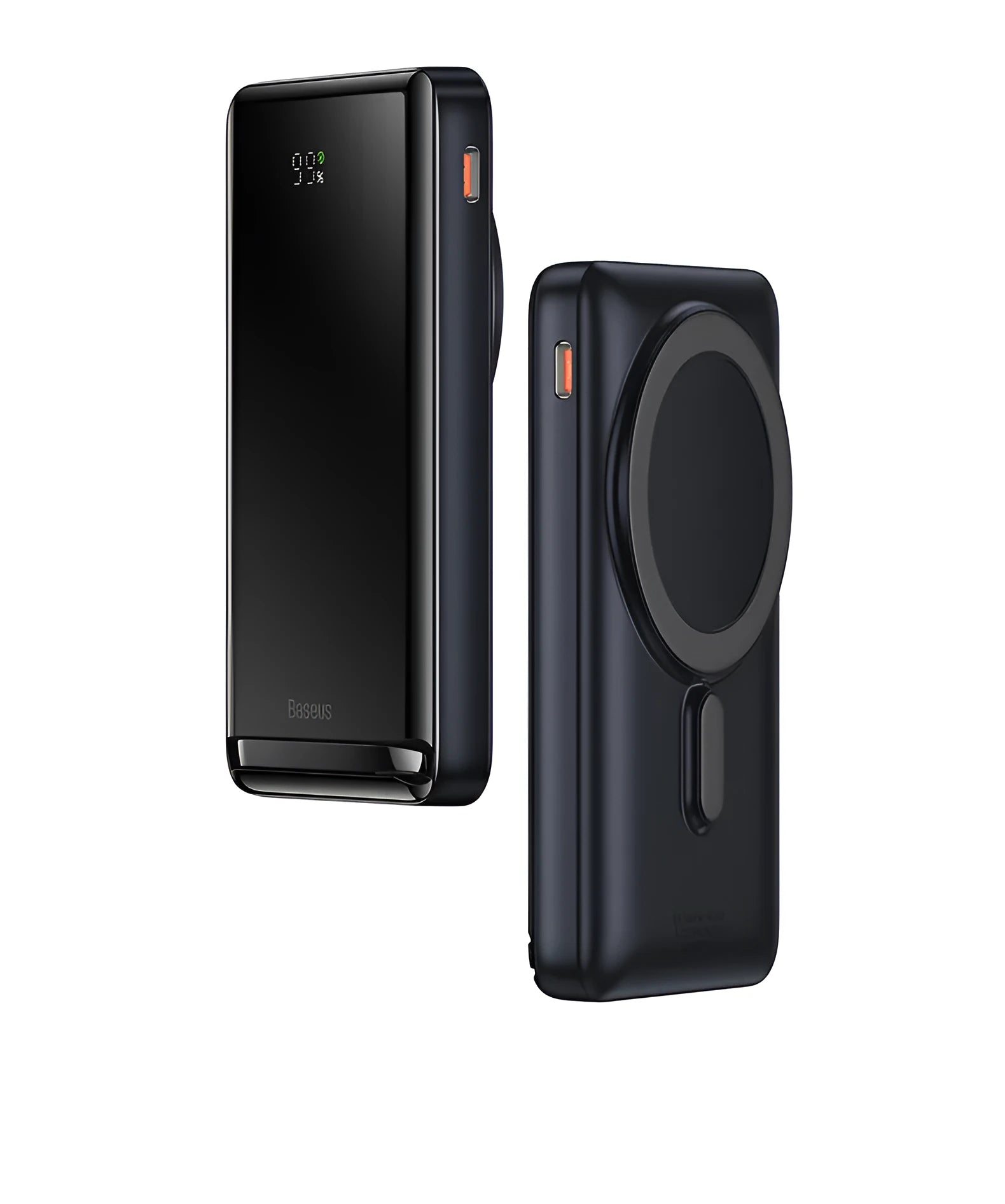 Blue 3-in-1 slim magnetic power bank showing wireless charging surface and compact size