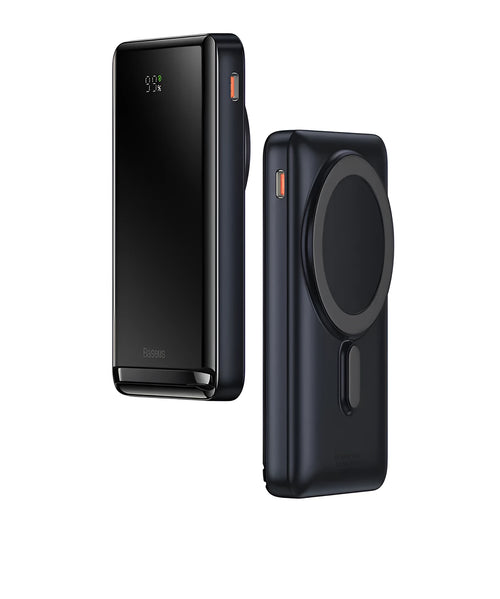 Blue 3-in-1 slim magnetic power bank showing wireless charging surface and compact size